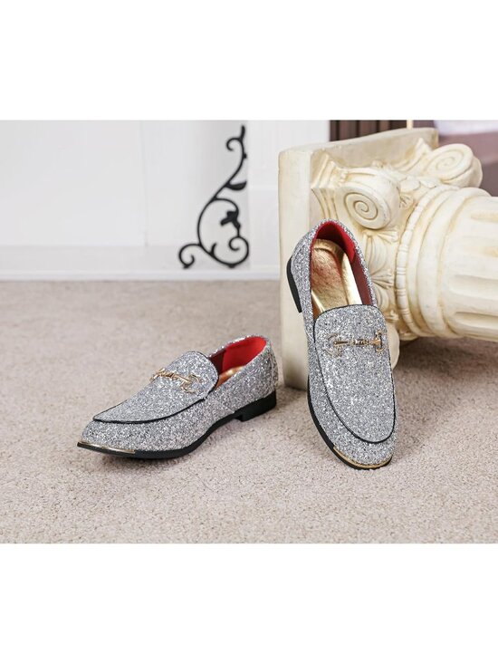 Men\'s Silver Rubber Velvet Leather Glitter With Gold Buckle Loafer Slip On Shoes main image 5